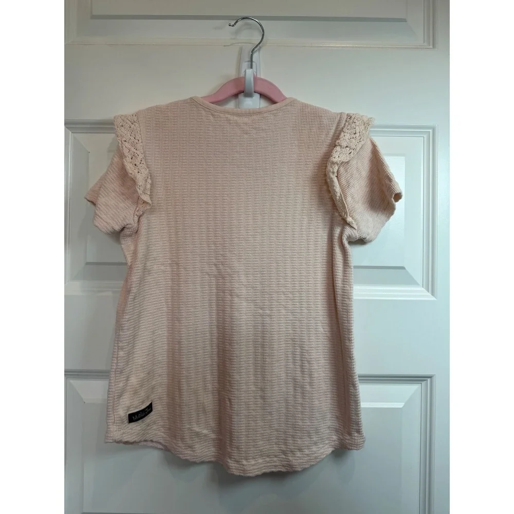 2. Matilda Jane Girls Pink Waffle Knit Crochet Lace Ruffle Short Sleeve Top 10